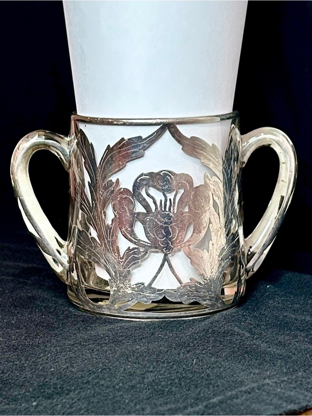 Antique Art Nouveau 2-Handle Sugar Bowl Sterling Silver Botanical Overlay